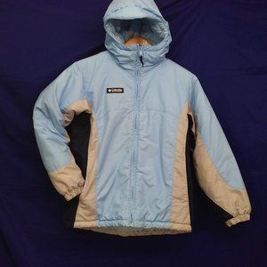 90s Columbia Sportswear Parka Youth-14/16 Hood Pockets Insulated Blue Navy Tan